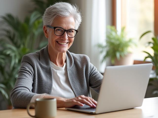 Senior citizen happily learning on a laptop in a bright classroom